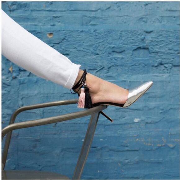 J. CREW Roxie Ankle Tie Tassel Pumps in Silver, Black, and Pink Women's Size 8 - Picture 2 of 16